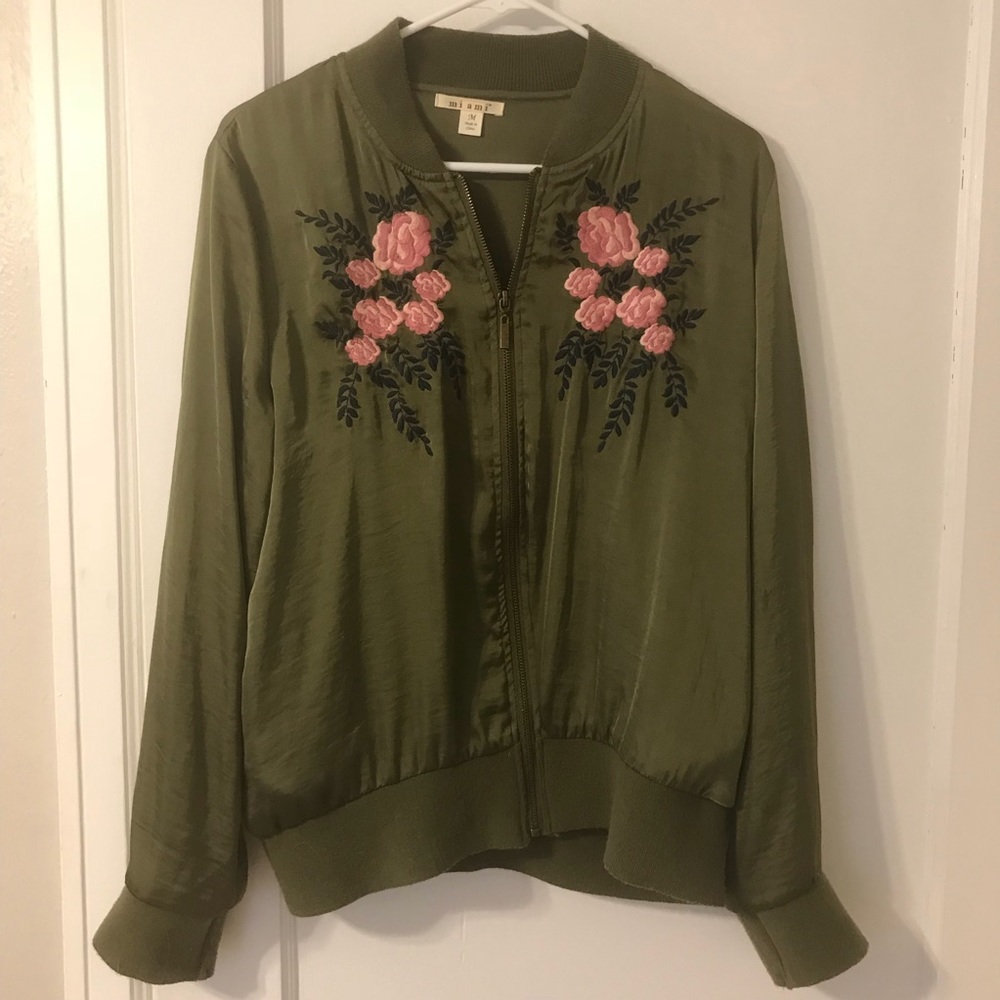 Embroidered Olive Bomber Jacket